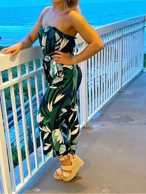 Vici Green Tropical Strapless Jumpsuit